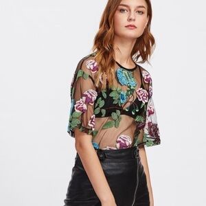 Zara Embroidered Sheer Black Colorful Short Sleeve Top Size Small